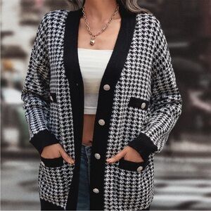 Black and White Houndstooth Oversized Cardigan Sweater